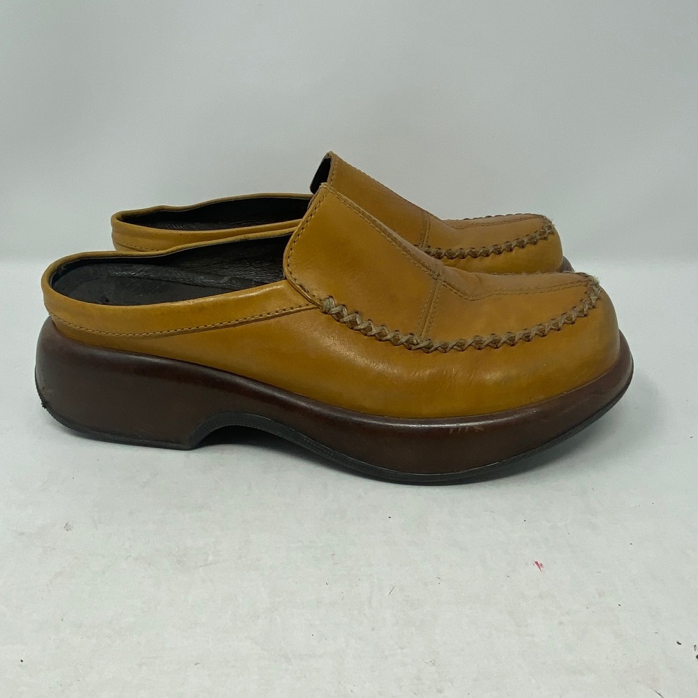 Dansko Tan Leather Whipstitch Mules Clogs Platform Slip On Shoes Size 38